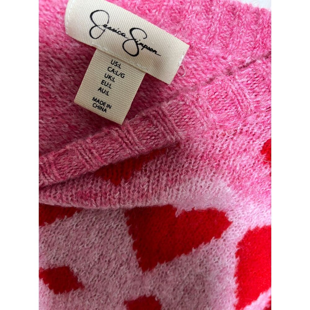 Jessica Simpson Heart Sweater L Pink Red Cropped Y2K Inspired Balloon Sleeve - Picture 5 of 8
